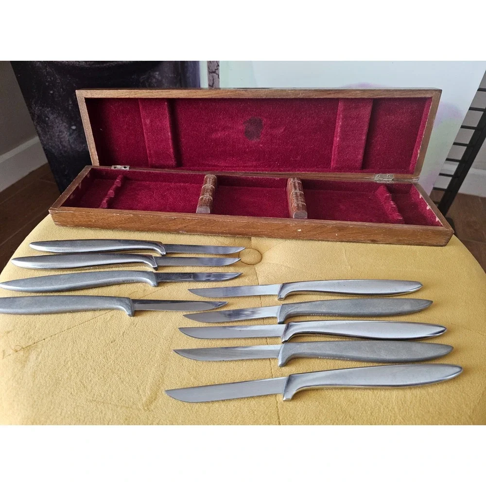 Gerber Miming Blades Steak Knife Set Vintage Solid Walnut Case 9 Piece MCM
